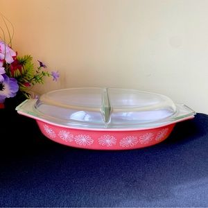 Vintage Pyrex Pink Daisy Divided Dish Flowers White Oval 1.5qt